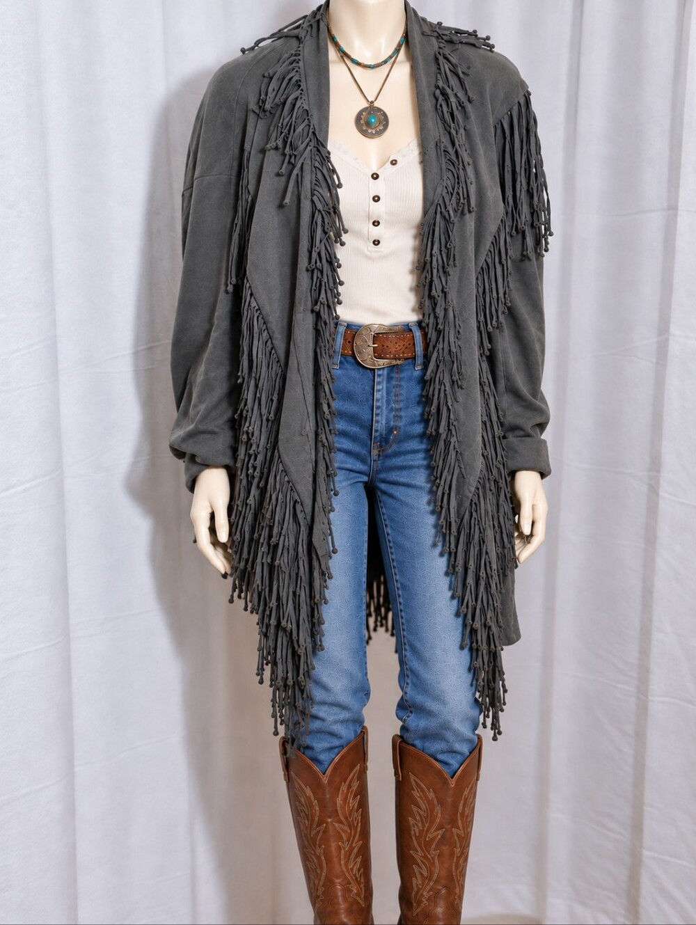 Dorine Lernner  Fringe Open Front Cardigan Xl Western Boho Made in USA